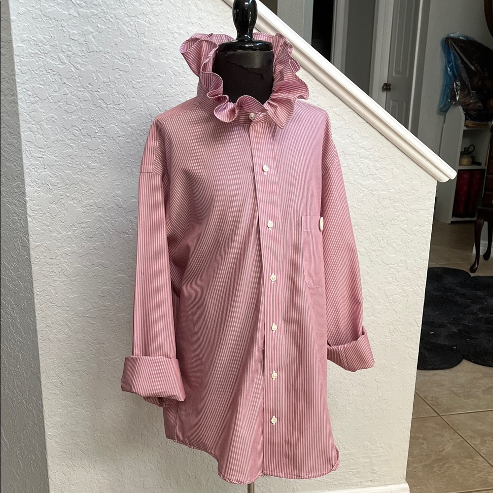 Brooks Brothers Pink Stripe Ruffle Collar Button-Up Blouse